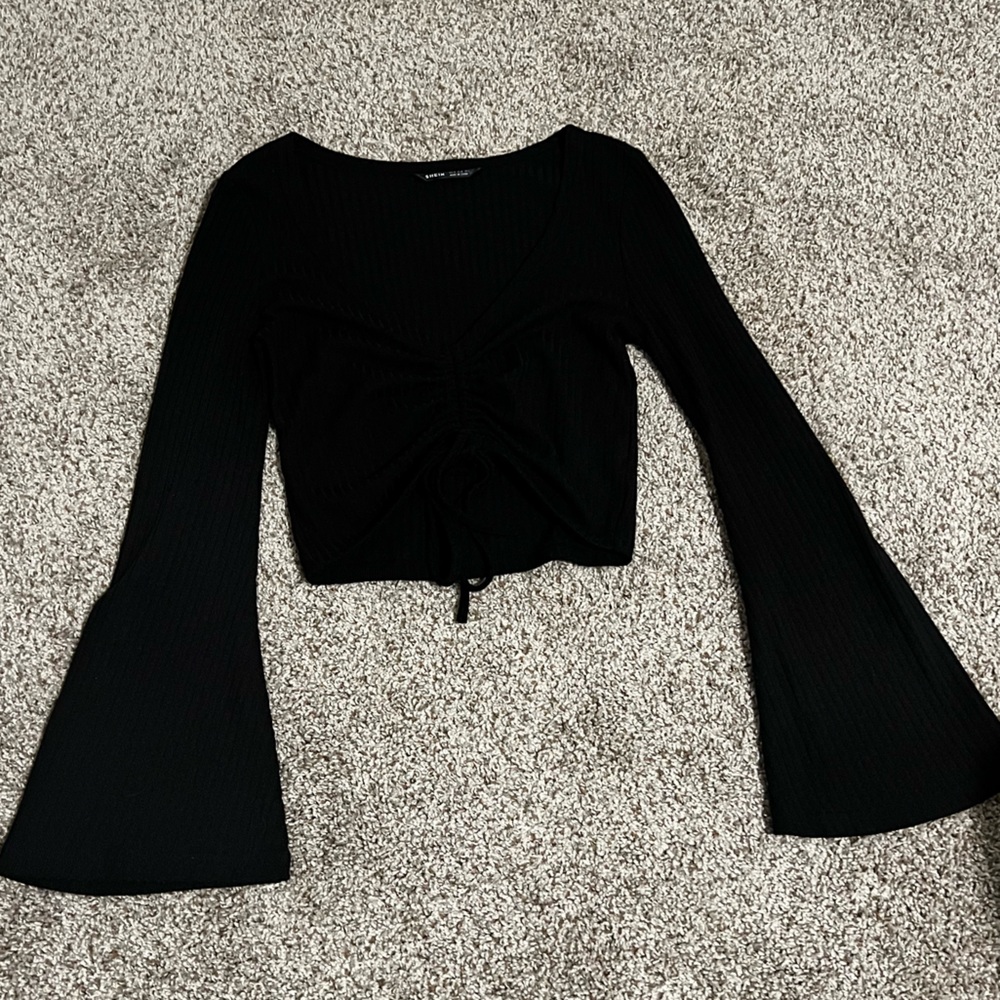 SHEIN Black V-Neck Drawstring Bell Sleeve Crop Top - Picture 4 of 8